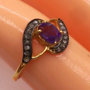 Vintage Oval Amethyst & Diamond Bypass Silver Gold Plated Ring Size 7